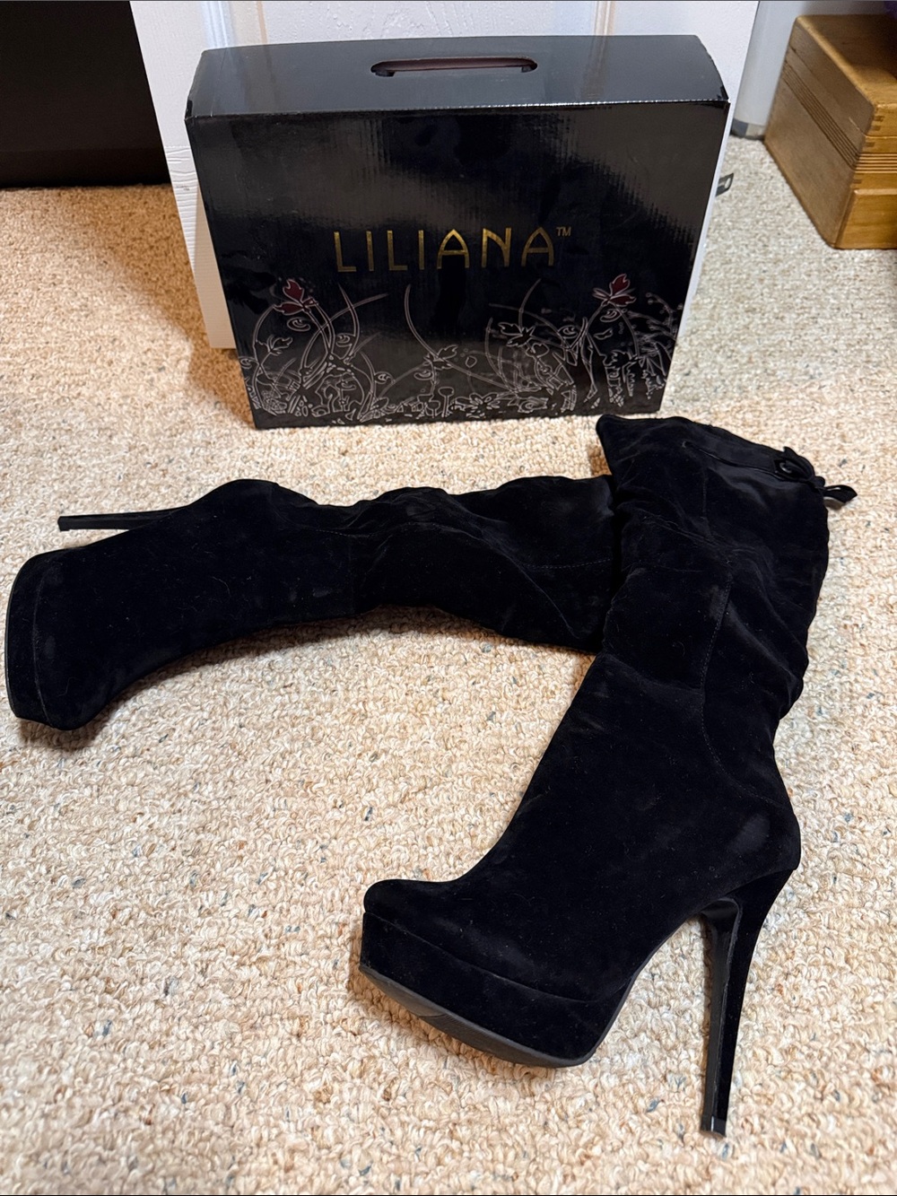 Liliana Black Suede Over-the-Knee Platform Stiletto Boots